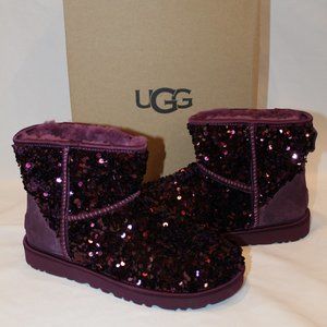 NIB UGG MINI WOMEN'S STELLAR SEQUIN SHEARLING‎ LINED ANKLE BOOTS PORT BURGUNDY